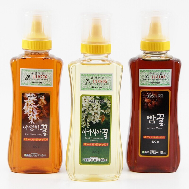농업회사법인 설악산허니팜(주),[꽃꿀100%] 튜브꿀 세트 (500g x 3개) 아카시아꿀 야생화꿀 밤꿀