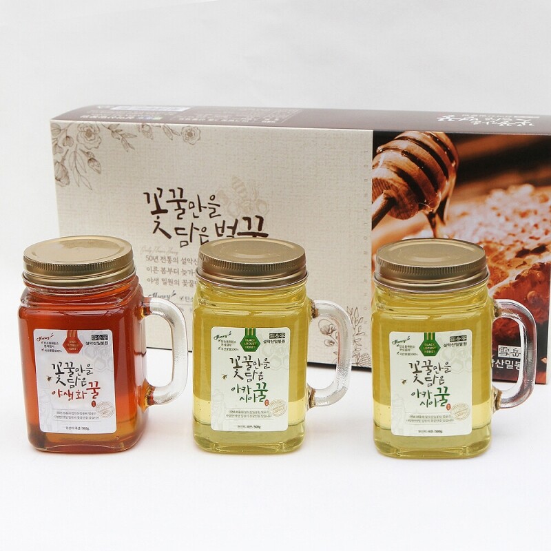 농업회사법인 설악산허니팜(주),설악산허니팜 머그벌꿀 선물세트(아카시아꿀x2 + 야생화꿀x1 각 500g)