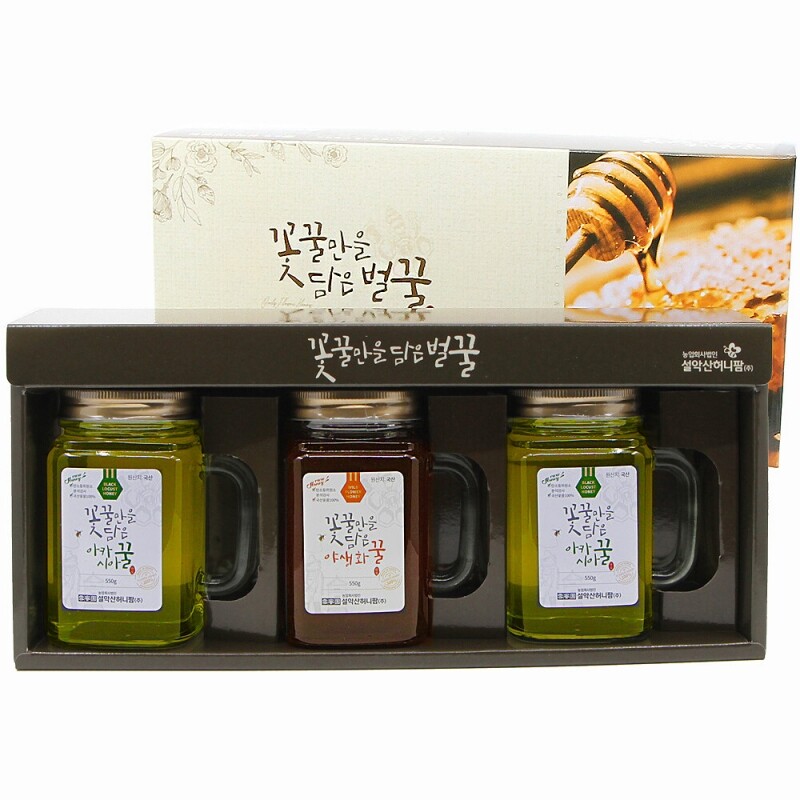 농업회사법인 설악산허니팜(주),설악산허니팜 머그벌꿀 선물세트(아카시아꿀x2 + 야생화꿀x1 각 500g)