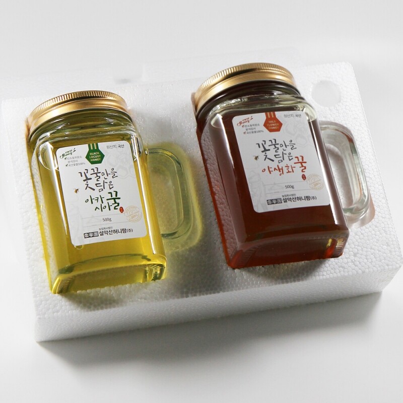 농업회사법인 설악산허니팜(주),설악산허니팜 머그벌꿀2종세트 (아카시아꿀 500g + 야생화꿀 500g)