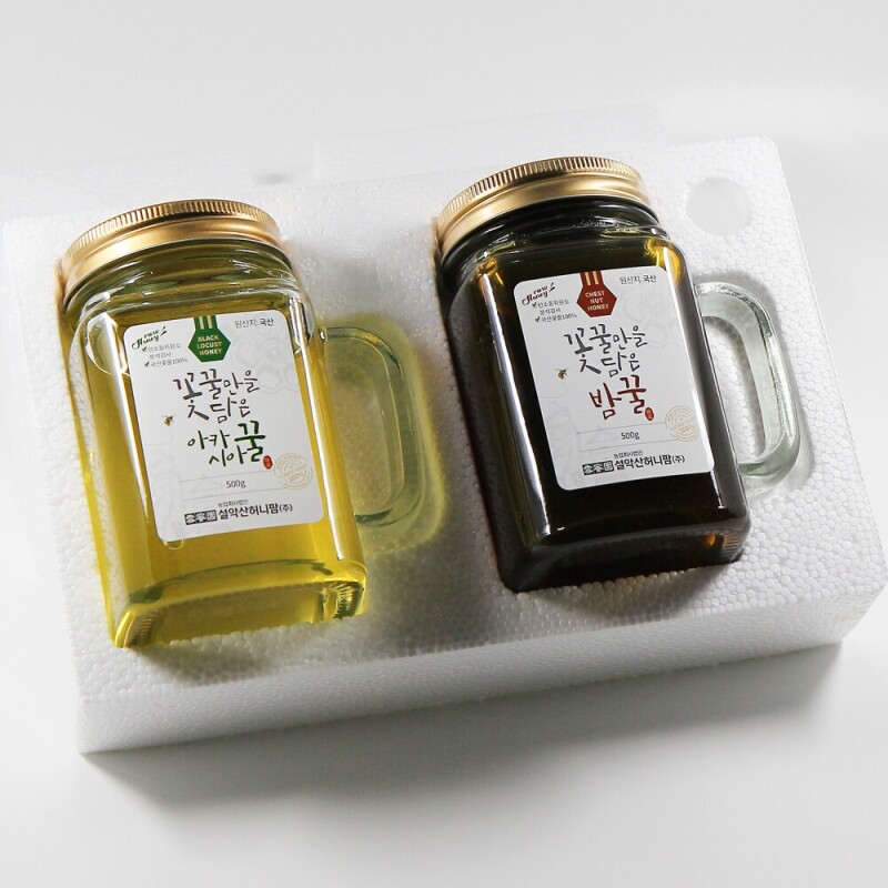 농업회사법인 설악산허니팜(주),설악산허니팜 머그벌꿀2종세트 (아카시아꿀 500g + 밤꿀 500g)