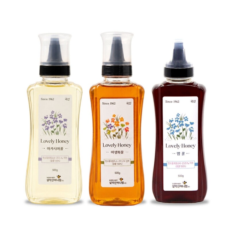 농업회사법인 설악산허니팜(주),[꽃꿀100%] 튜브꿀 세트 (500g x 3개) 아카시아꿀 야생화꿀 밤꿀